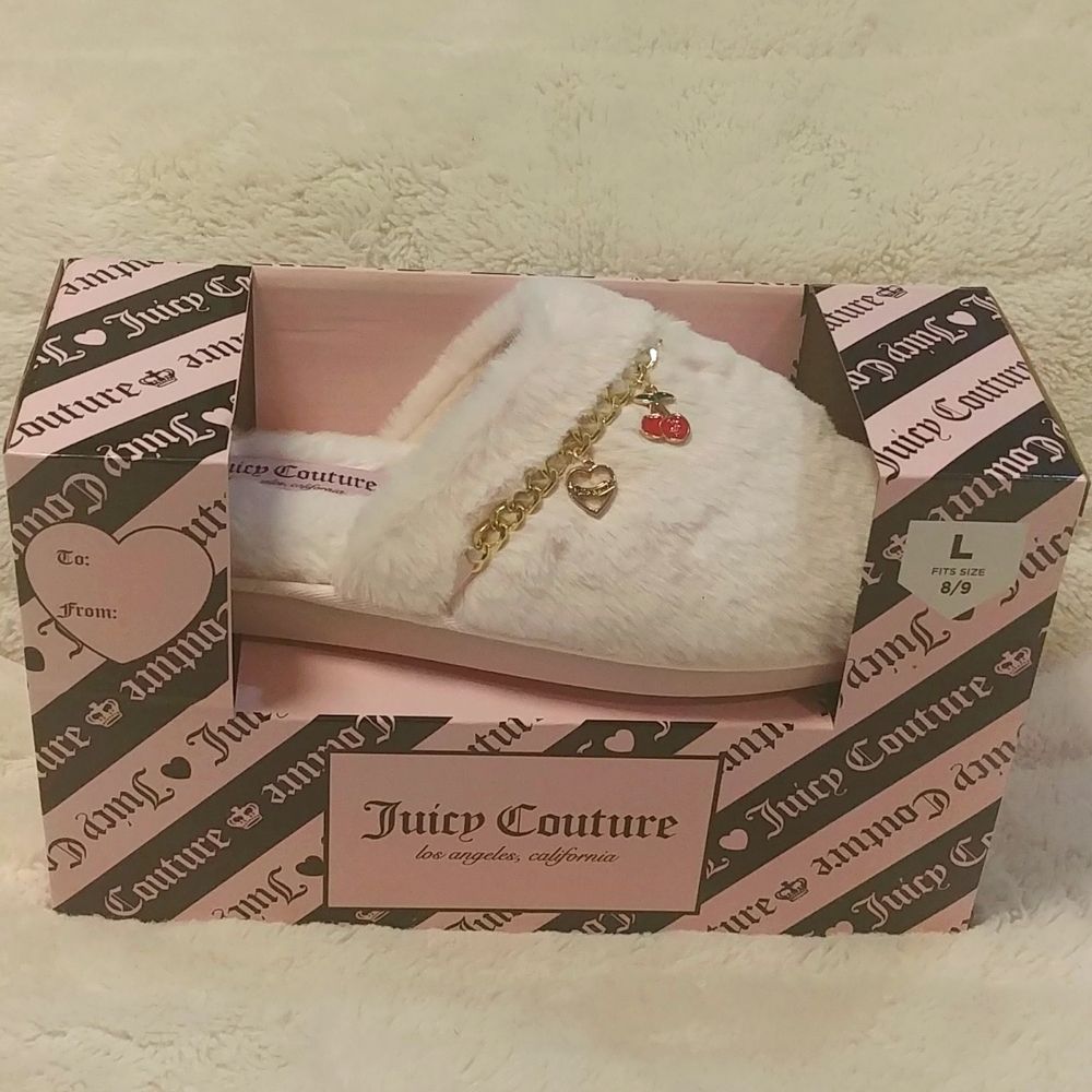 NWT Juicy Couture Chain With Charms Fluffy Slippers Slides Pale Baby Pink